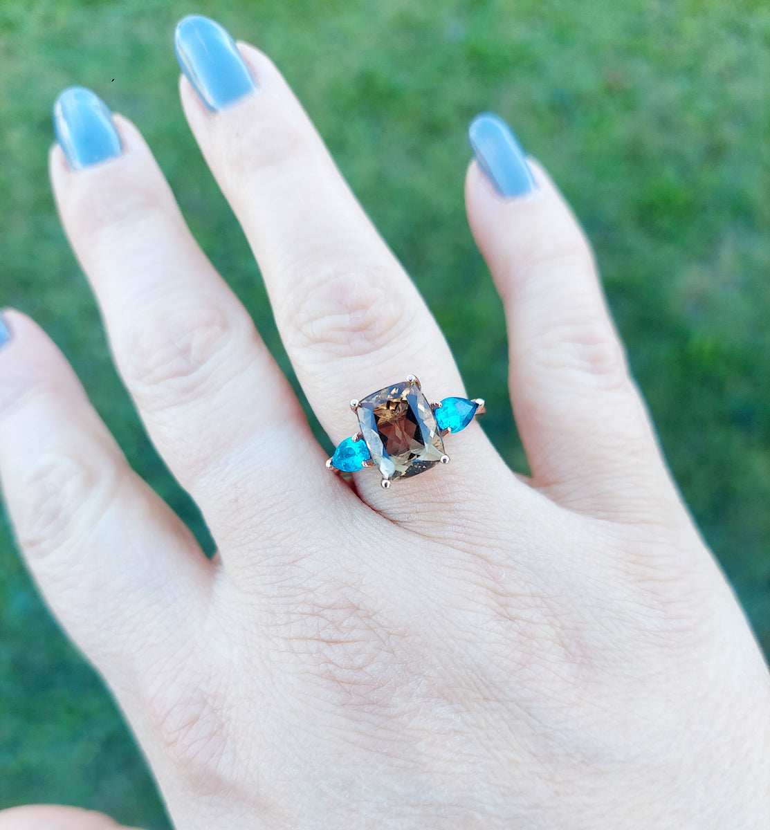 Honey Smokey Topaz and Blue Apatite Ring - 14K Rose Gold