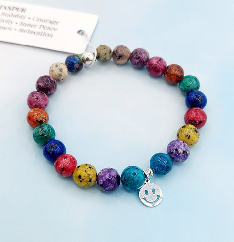 Multicolor Jasper w/ Smiley Face Beaded Bracelet - Elena Michele