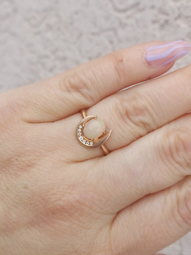 Opal Crescent Diamond Moon Ring - 14K Rose Gold - Sirciam