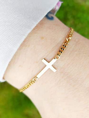 Cross Bracelet with Curb Chain - 14K Yellow Gold