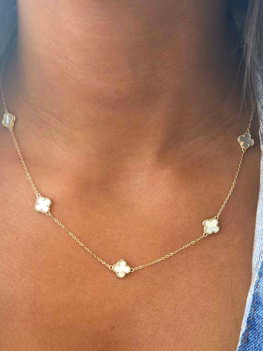 Mini White Mother Of Pearl Clover Five Station Necklace - Sterling