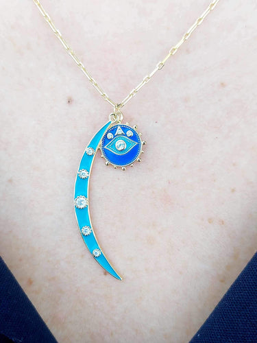 “The Maria” Enamel Moon and Eye Necklace - Gold Plated Sterling Silver
