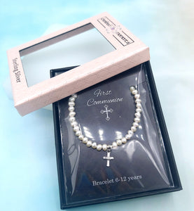 First Communion Pearl Bracelet with Cross - Sterling Silver