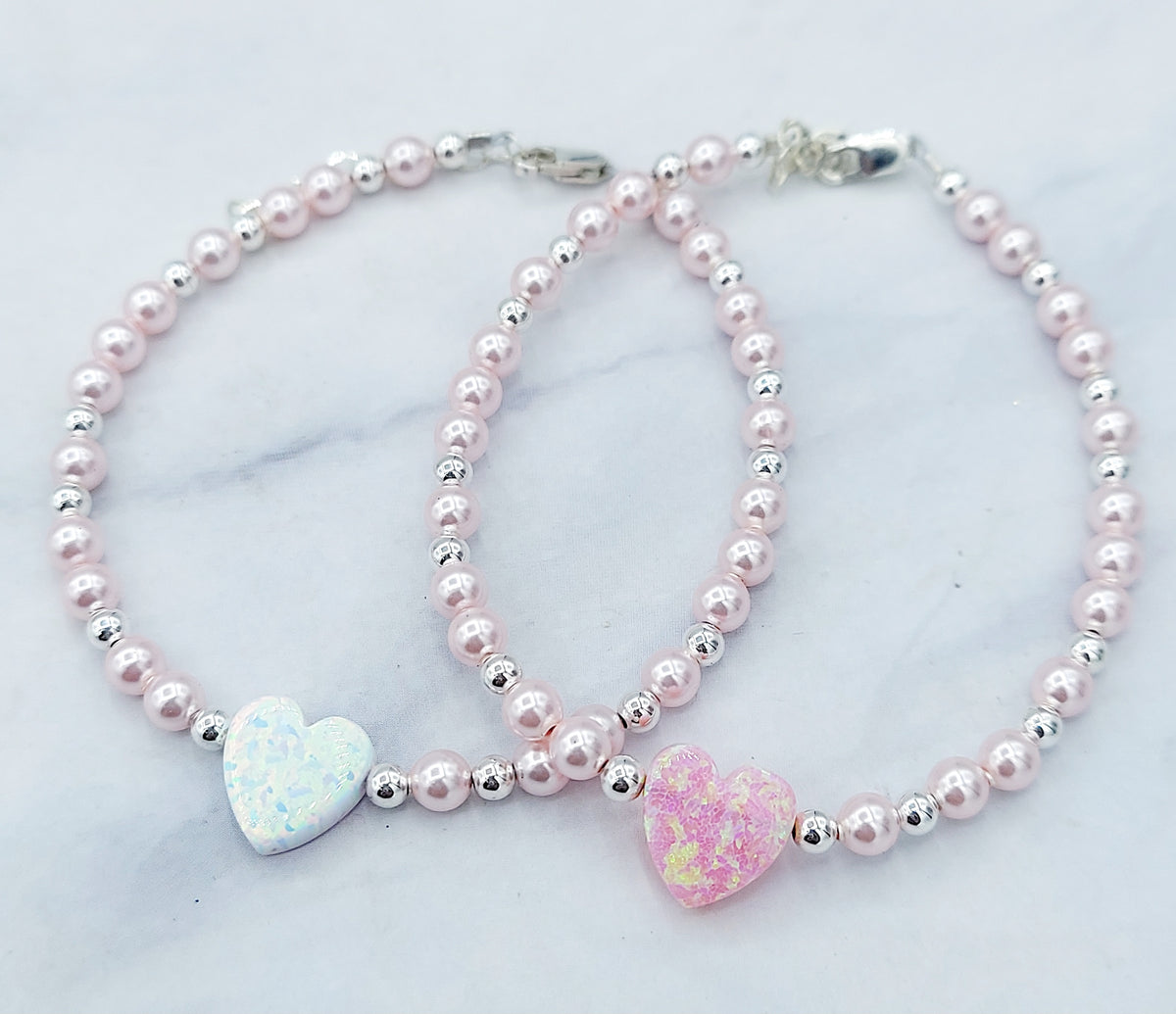 Womens Watch 24mm Heart Faux Pearls Crystals Bracelet Pink Mother Of Pearl Runs Light Pink Pearls and Heart Opal Beaded Bracelet - Our Whole  main image 3
