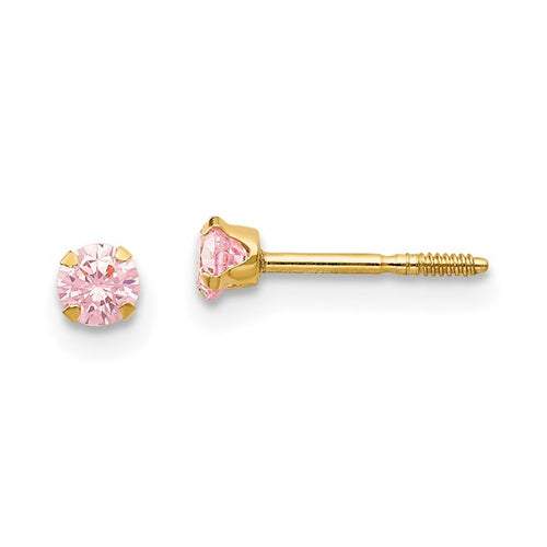 3mm Pink CZ Screw Back Earrings - 14K Yellow Gold
