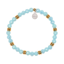 Load image into Gallery viewer, Gold with Aqua Crystal Charity Soul Stacker - TJazelle Jimmy Fund Charity Bracelet