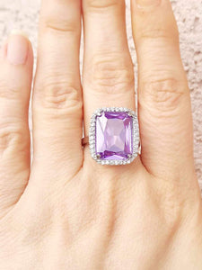 Sterling Silver Rectangle Clear and Purple CZ Ring