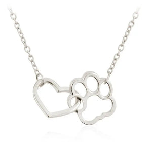 Dog Paw Heart Interlocking Necklace - Stainless Steel