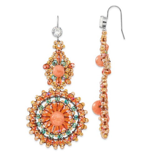 Silver-tone CZ, Synthetic Jade and Beaded Medallion Dangle Earrings