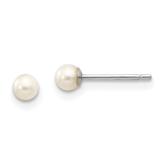 10k White Gold 3-4mm White Round FW Cultured Pearl Stud Post Earrings