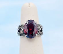 Load image into Gallery viewer, Oval Faceted Garnet Marcasite Ring - Sterling Silver