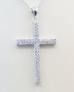 CZ Double Row Cross Pendant & Chain - Sterling Silver