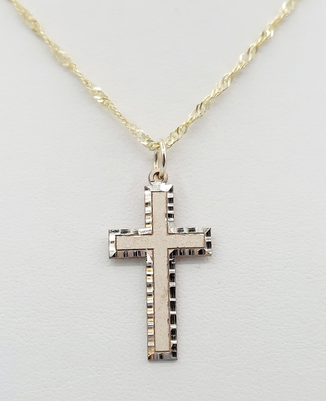 Matte & Diamond Cut Cross & Singapore Chain - 10K Yellow Gold