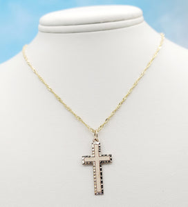 Matte & Diamond Cut Cross & Singapore Chain - 10K Yellow Gold