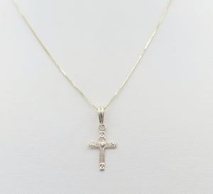 Textured Mini Cross with Heart Charm Pendant & Gold Box Chain - 14K Yellow Gold