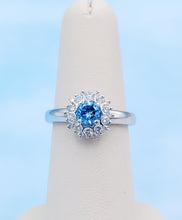 Load image into Gallery viewer, Round Blue Topaz Ring with Diamond Halo - 14K White Gold