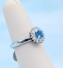 Load image into Gallery viewer, Round Blue Topaz Ring with Diamond Halo - 14K White Gold