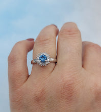 Load image into Gallery viewer, Round Blue Topaz Ring with Diamond Halo - 14K White Gold