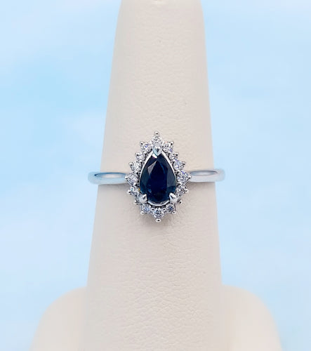 Pear Shaped Sapphire Ring with Diamond Halo - 14K White Gold