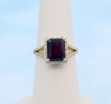 Load image into Gallery viewer, Emerald Cut Garnet Ring with Diamond Halo &amp; Split Shank - 14K Yellow Gold