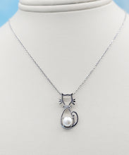 Load image into Gallery viewer, Pearl &amp; CZ Cat Pendant - Sterling Silver