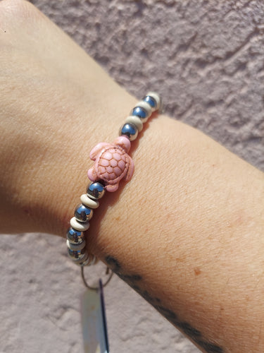 Hematite with Cream & Pink Sea Turtle Bracelet