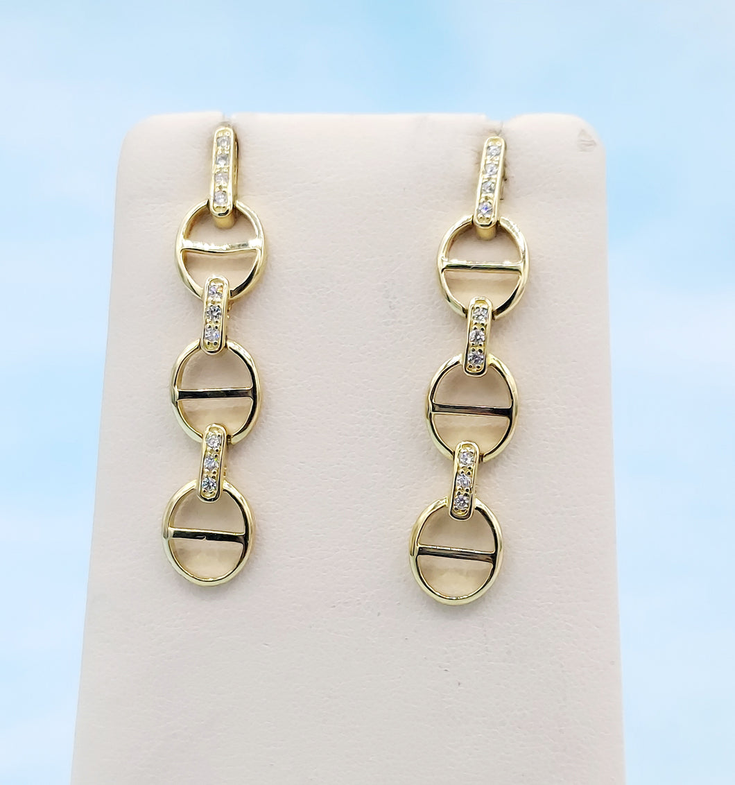 CZ Triple Chain Link Post Dangle Earrings - Gold Plated Sterling Silver