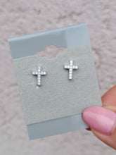 Load image into Gallery viewer, Tiny CZ Cross Stud Earrings - Sterling or Gold Plated