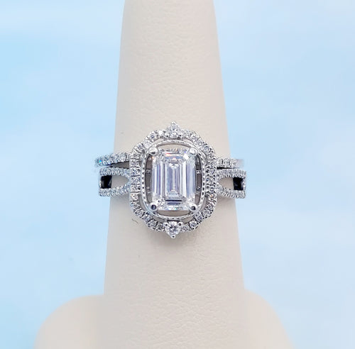 Lab Emerald Cut Diamond Antique Style Engagement Ring & Matching Wedding band - 14K White Gold