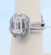 Load image into Gallery viewer, Lab Emerald Cut Diamond Antique Style Engagement Ring &amp; Matching Wedding band - 14K White Gold