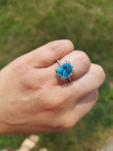 Load image into Gallery viewer, Elongated Cushion Cut Paraiba Blue Topaz Ring with Baguette &amp; Round Diamonds - 14K White Gold