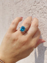 Load image into Gallery viewer, Elongated Cushion Cut Paraiba Blue Topaz Ring with Baguette &amp; Round Diamonds - 14K White Gold