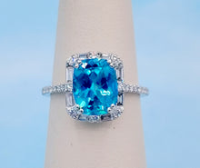 Load image into Gallery viewer, Elongated Cushion Cut Paraiba Blue Topaz Ring with Baguette &amp; Round Diamonds - 14K White Gold