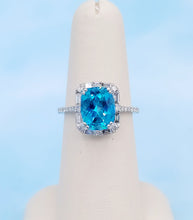 Load image into Gallery viewer, Elongated Cushion Cut Paraiba Blue Topaz Ring with Baguette &amp; Round Diamonds - 14K White Gold