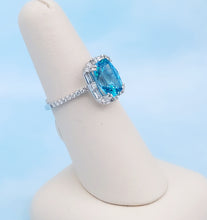 Load image into Gallery viewer, Elongated Cushion Cut Paraiba Blue Topaz Ring with Baguette &amp; Round Diamonds - 14K White Gold