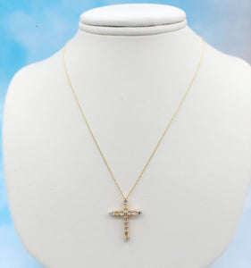 Moonstone & Diamond Cross on 18" Chain - 14K Yellow Gold