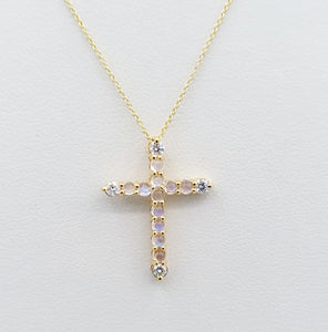 Moonstone & Diamond Cross on 18" Chain - 14K Yellow Gold