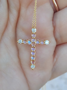 Moonstone & Diamond Cross on 18" Chain - 14K Yellow Gold