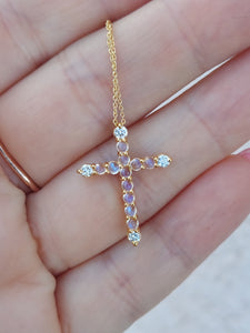 Moonstone & Diamond Cross on 18" Chain - 14K Yellow Gold