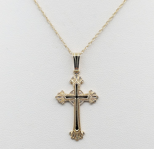 Gold Filigree Cross Pendant & Chain - 14K Yellow Gold