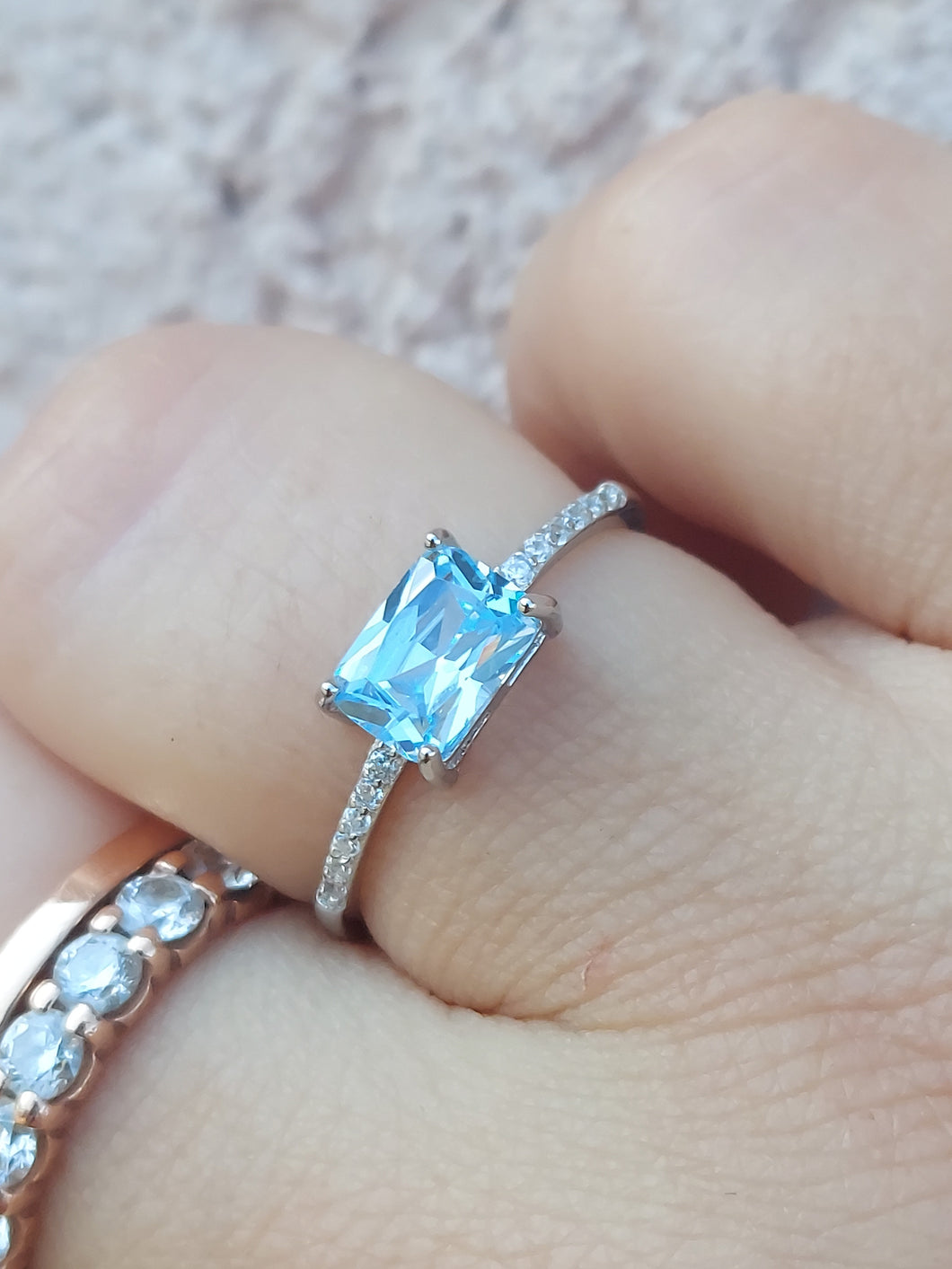 Aquamarine Emerald Cut Ring - Sterling Silver