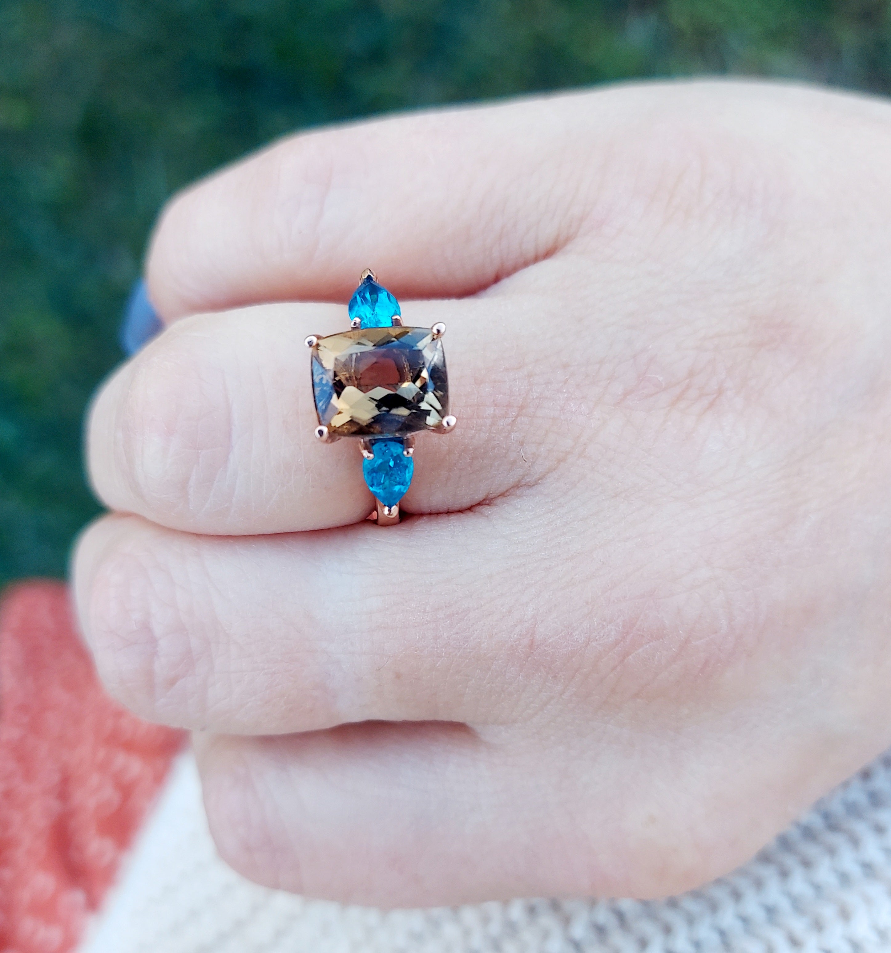 Honey Smokey Topaz and Blue Apatite Ring - 14K Rose Gold