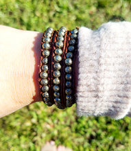 Load image into Gallery viewer, Pyrite &amp; Brown Leather Bracelet Wrap (Fall Fashion)