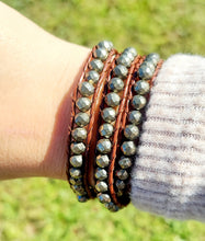 Load image into Gallery viewer, Pyrite &amp; Brown Leather Bracelet Wrap (Fall Fashion)