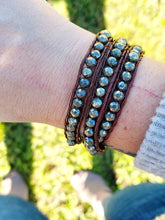 Load image into Gallery viewer, Pyrite &amp; Brown Leather Bracelet Wrap (Fall Fashion)