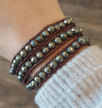 Load image into Gallery viewer, Pyrite &amp; Brown Leather Bracelet Wrap (Fall Fashion)