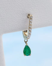 Load image into Gallery viewer, Diamond Huggies with Emerald Drop - 14K Gold