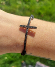 Load image into Gallery viewer, Black CZ Cross Bracelet on Black Macrame