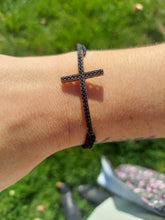 Load image into Gallery viewer, Black CZ Cross Bracelet on Black Macrame