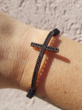 Load image into Gallery viewer, Black CZ Cross Bracelet on Black Macrame